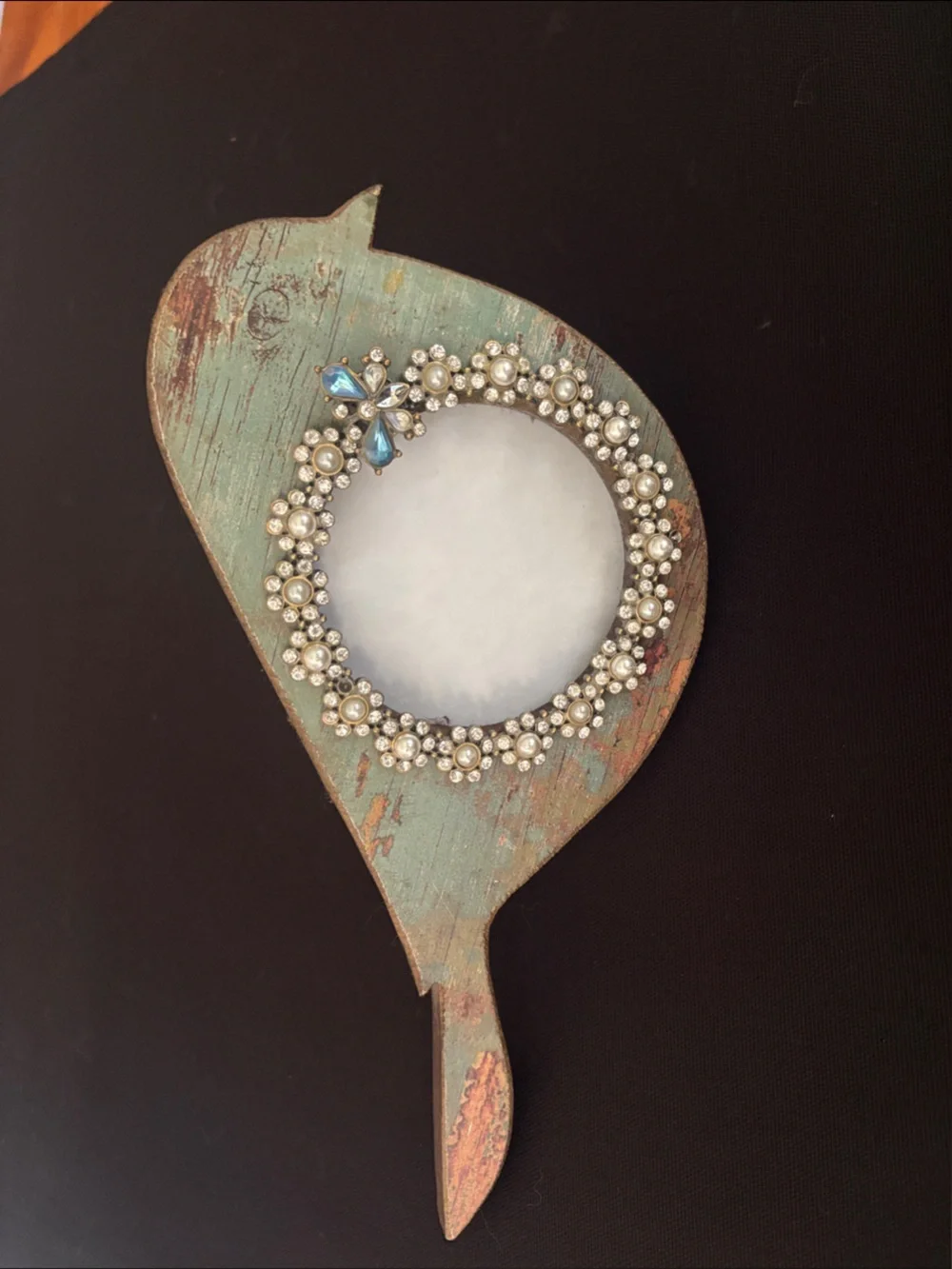 Pier 1 Imports Distressed Green Wooden Bird Frame with Pearl & Rhinestone Accent